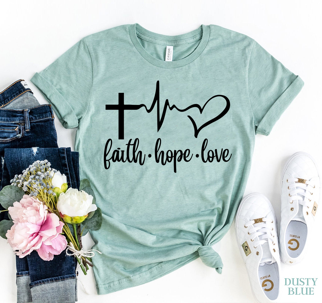 Faith Love Hope Tee Shirt | Dusty Blue | Grace and Hope Collective